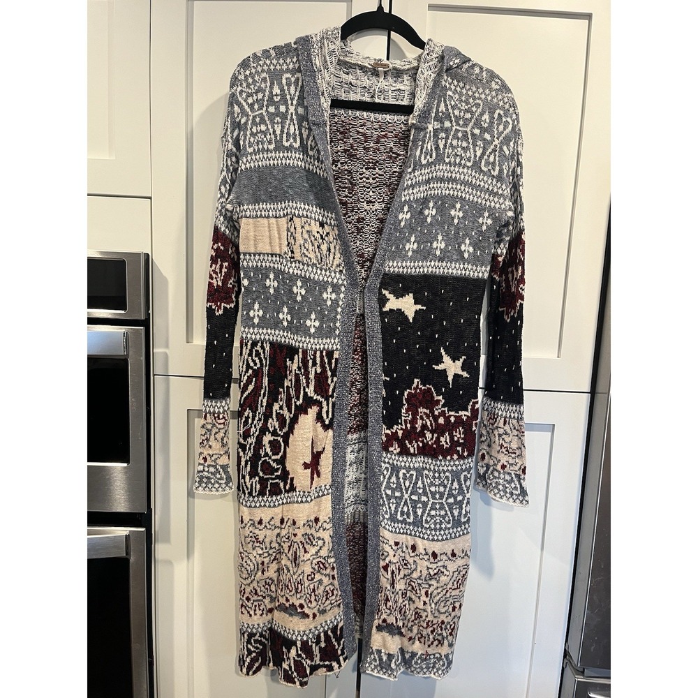 Free People Serape Boho Hooded Knit Duster Cardigan Multi Striped Hippie XS